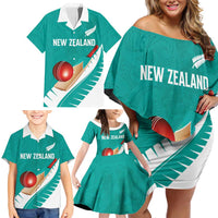 Custom New Zealand Cricket Family Matching Off Shoulder Short Dress and Hawaiian Shirt Kiwi Birds Haka Dance Turquoise Fern Sporty Style LT03 - Polynesian Pride