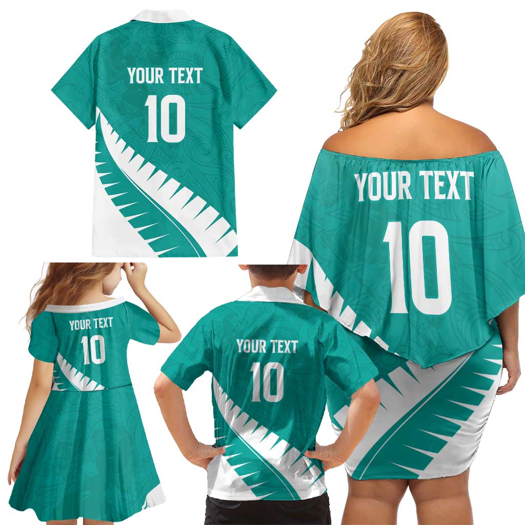 Custom New Zealand Cricket Family Matching Off Shoulder Short Dress and Hawaiian Shirt Kiwi Birds Haka Dance Turquoise Fern Sporty Style LT03 - Polynesian Pride