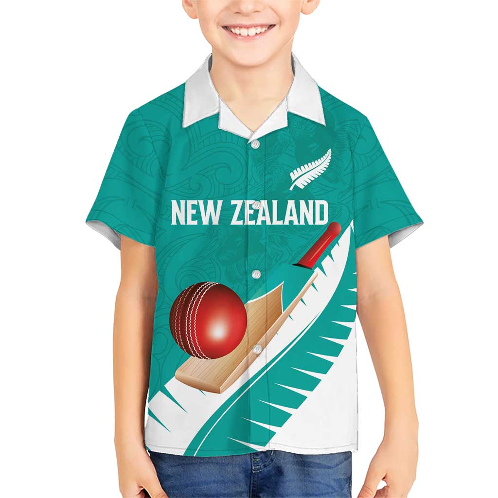 Custom New Zealand Cricket Family Matching Off Shoulder Short Dress and Hawaiian Shirt Kiwi Birds Haka Dance Turquoise Fern Sporty Style LT03 Son's Shirt Turquoise - Polynesian Pride