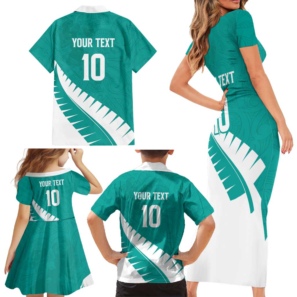 Custom New Zealand Cricket Family Matching Short Sleeve Bodycon Dress and Hawaiian Shirt Kiwi Birds Haka Dance Turquoise Fern Sporty Style LT03 - Polynesian Pride