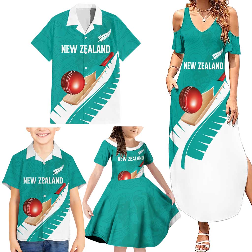 Custom New Zealand Cricket Family Matching Summer Maxi Dress and Hawaiian Shirt Kiwi Birds Haka Dance Turquoise Fern Sporty Style