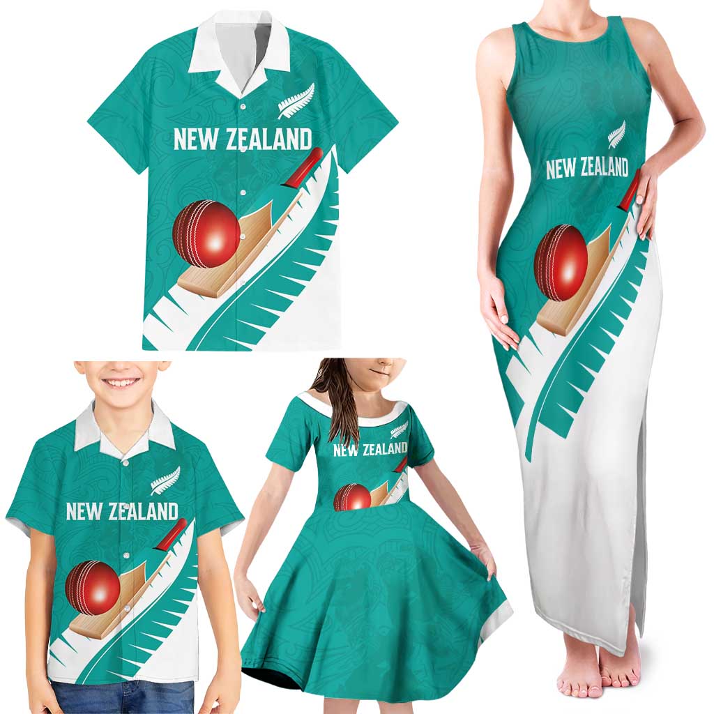 Custom New Zealand Cricket Family Matching Tank Maxi Dress and Hawaiian Shirt Kiwi Birds Haka Dance Turquoise Fern Sporty Style LT03 - Polynesian Pride