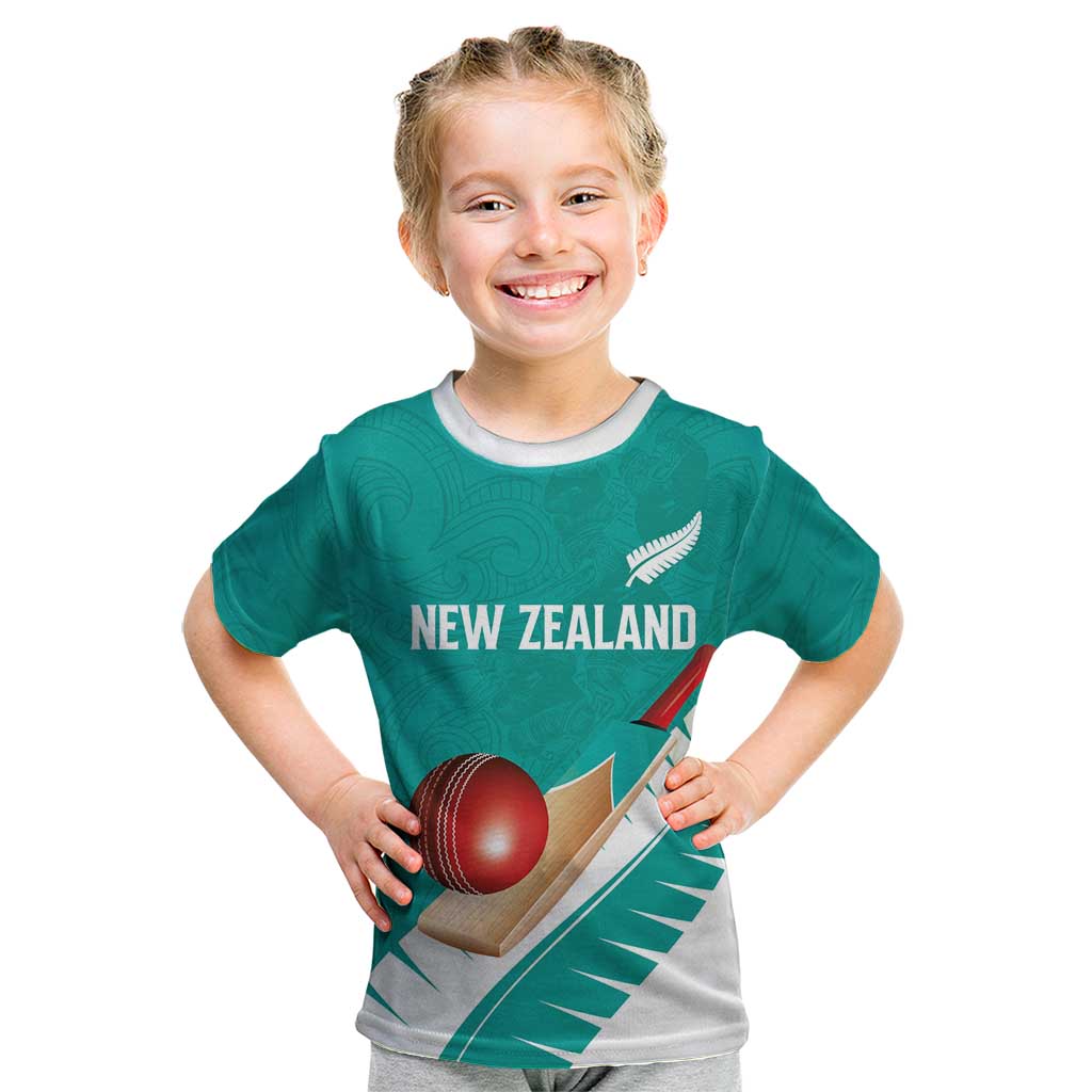 Custom New Zealand Cricket Kid T Shirt Kiwi Birds Haka Dance Turquoise Fern Sporty Style LT03 Turquoise - Polynesian Pride