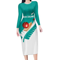 Custom New Zealand Cricket Long Sleeve Bodycon Dress Kiwi Birds Haka Dance Turquoise Fern Sporty Style LT03 Long Dress Turquoise - Polynesian Pride