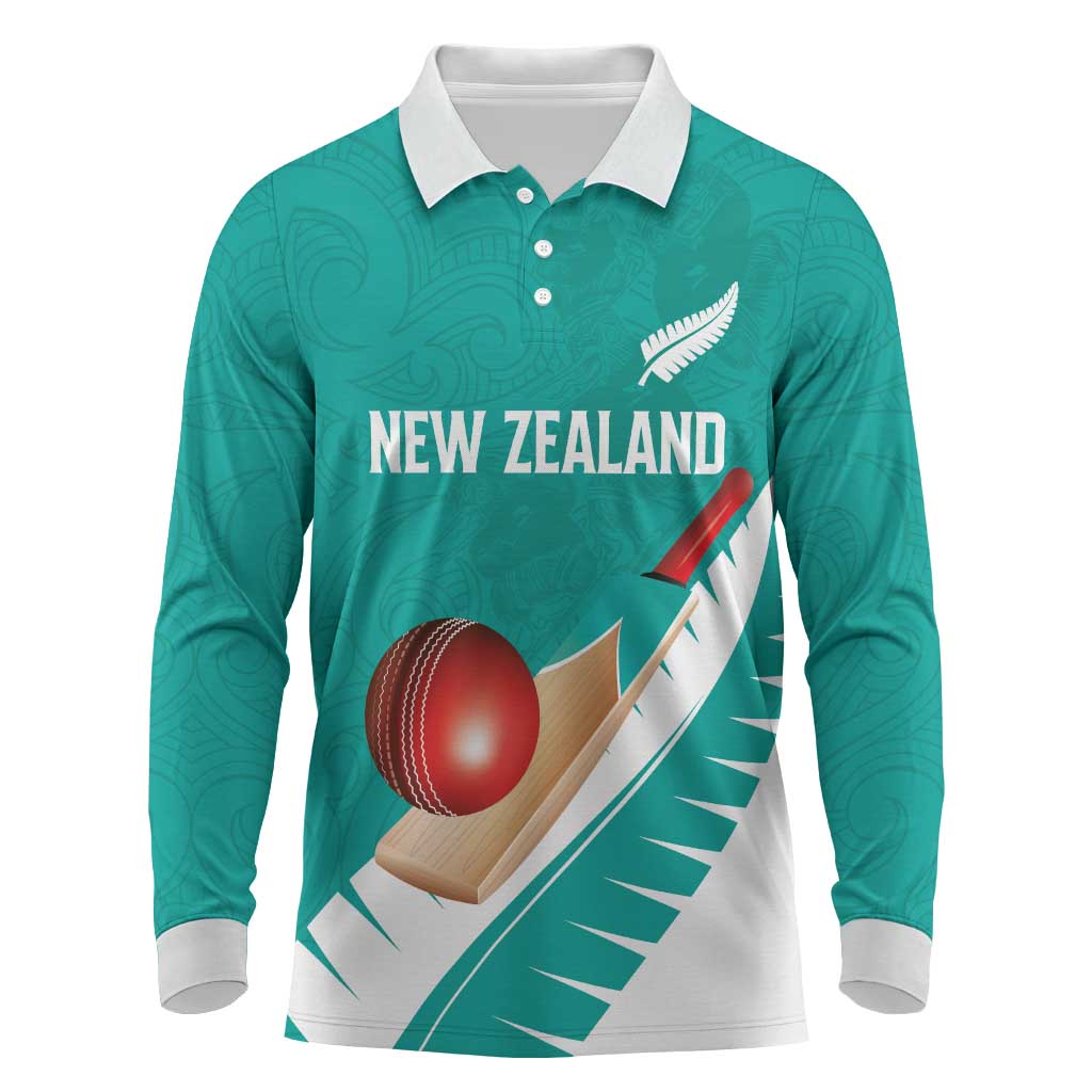 Custom New Zealand Cricket Long Sleeve Polo Shirt Kiwi Birds Haka Dance Turquoise Fern Sporty Style