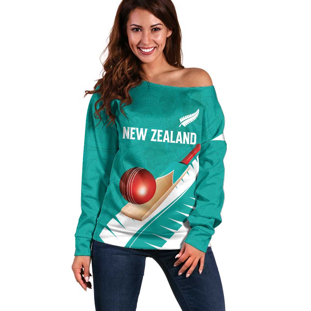 Custom New Zealand Cricket Off Shoulder Sweater Kiwi Birds Haka Dance Turquoise Fern Sporty Style