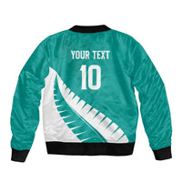 Custom New Zealand Cricket Sleeve Zip Bomber Jacket Kiwi Birds Haka Dance Turquoise Fern Sporty Style LT03 - Polynesian Pride