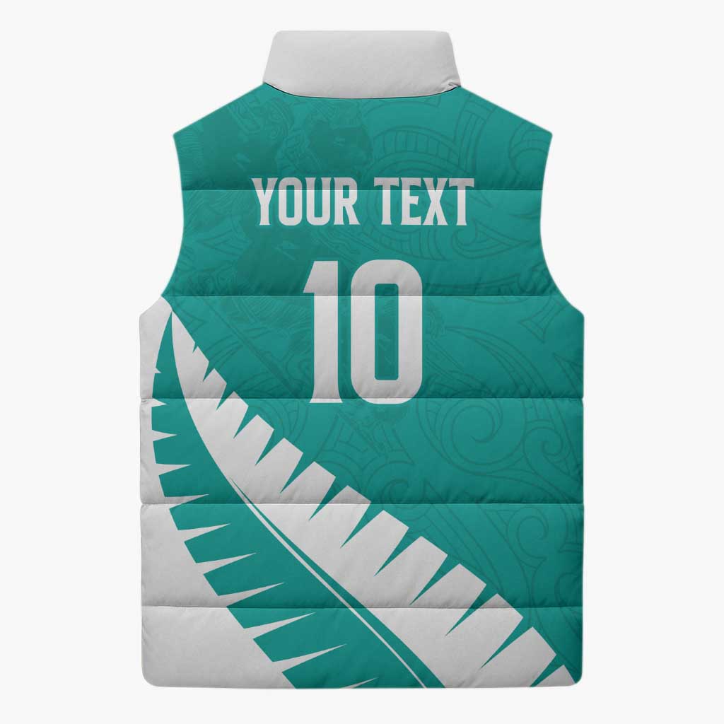 Custom New Zealand Cricket Sleeveless Puffer Jacket Kiwi Birds Haka Dance Turquoise Fern Sporty Style LT03 - Polynesian Pride