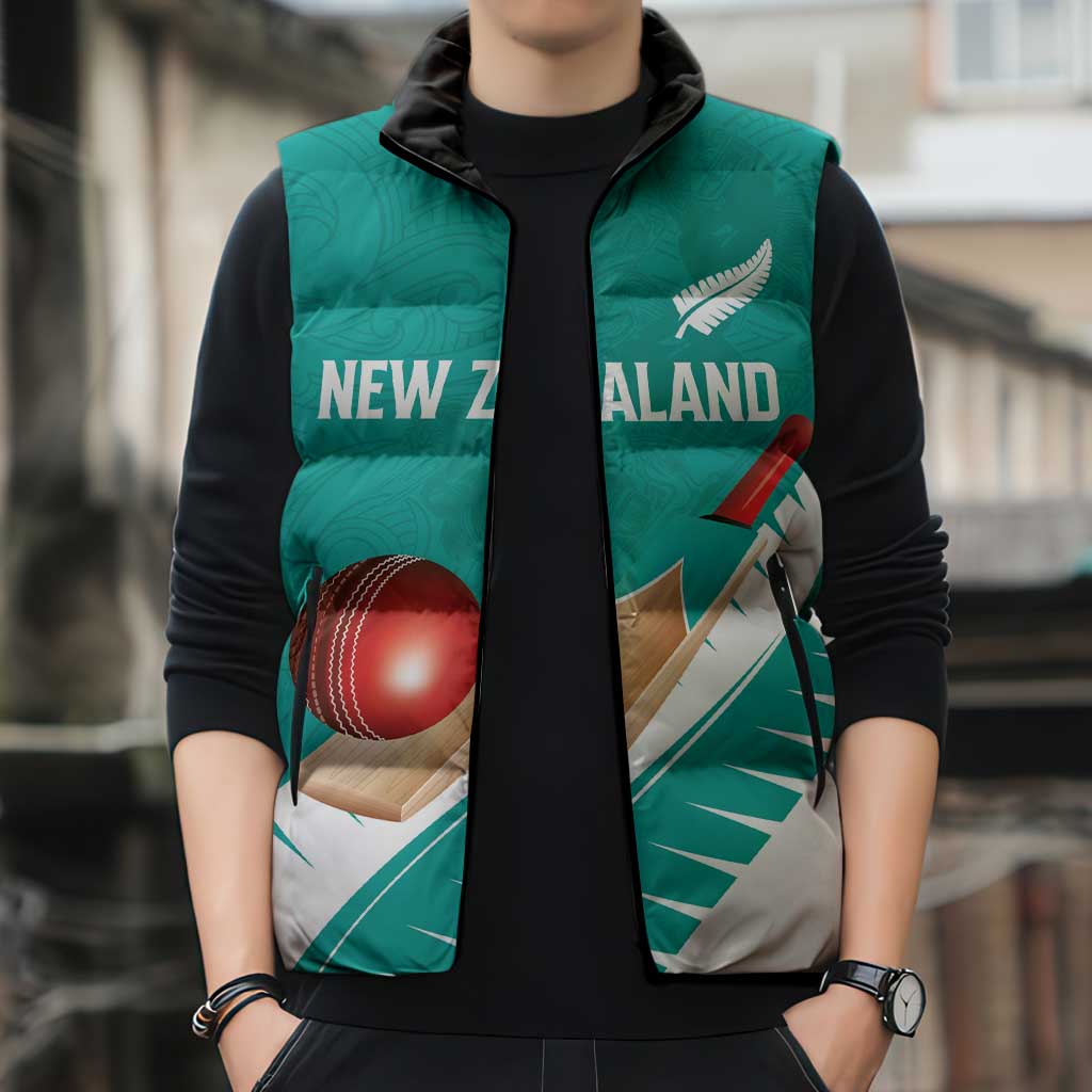 Custom New Zealand Cricket Sleeveless Puffer Jacket Kiwi Birds Haka Dance Turquoise Fern Sporty Style LT03 - Polynesian Pride