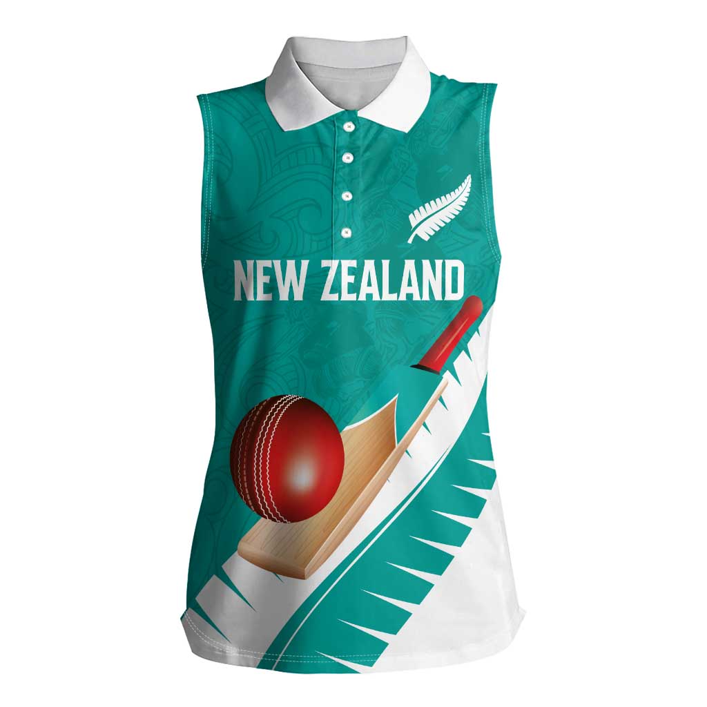 Custom New Zealand Cricket Women Sleeveless Polo Shirt Kiwi Birds Haka Dance Turquoise Fern Sporty Style