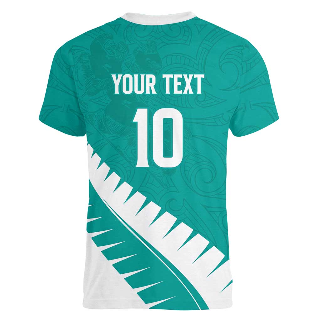 Custom New Zealand Cricket Women V-Neck T-Shirt Kiwi Birds Haka Dance Turquoise Fern Sporty Style LT03 - Polynesian Pride