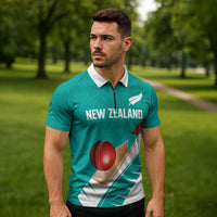 Custom New Zealand Cricket Zipper Polo Shirt Kiwi Birds Haka Dance Turquoise Fern Sporty Style LT03 - Polynesian Pride