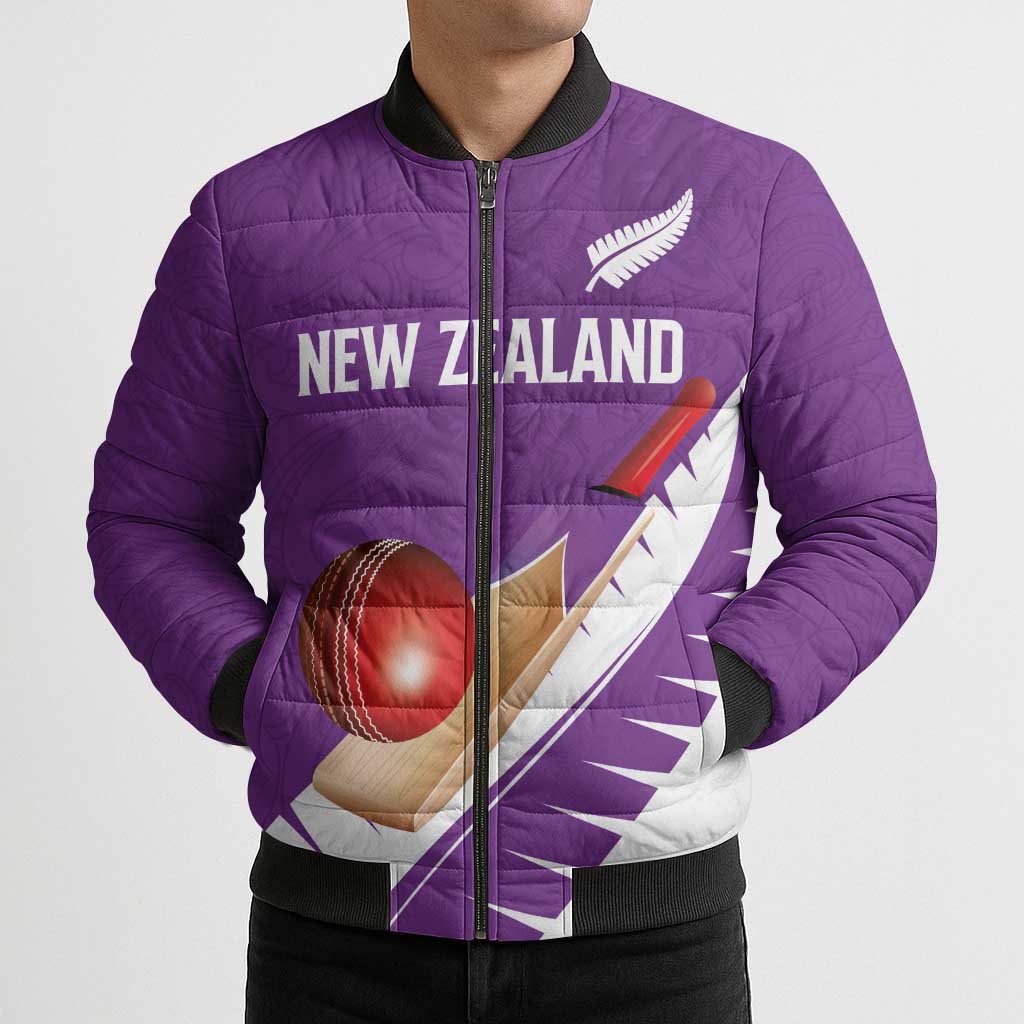 Custom New Zealand Cricket Bomber Puffer Jacket Kiwi Birds Haka Dance Purple Fern Sporty Style LT03 - Polynesian Pride