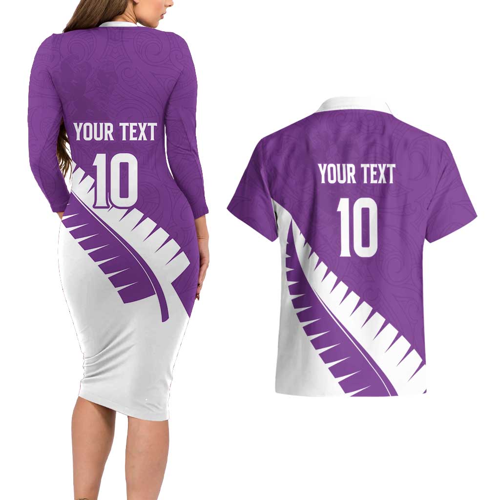Custom New Zealand Cricket Couples Matching Long Sleeve Bodycon Dress and Hawaiian Shirt Kiwi Birds Haka Dance Purple Fern Sporty Style LT03 - Polynesian Pride