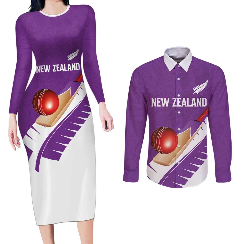 Custom New Zealand Cricket Couples Matching Long Sleeve Bodycon Dress and Long Sleeve Button Shirt Kiwi Birds Haka Dance Purple Fern Sporty Style LT03 Purple - Polynesian Pride