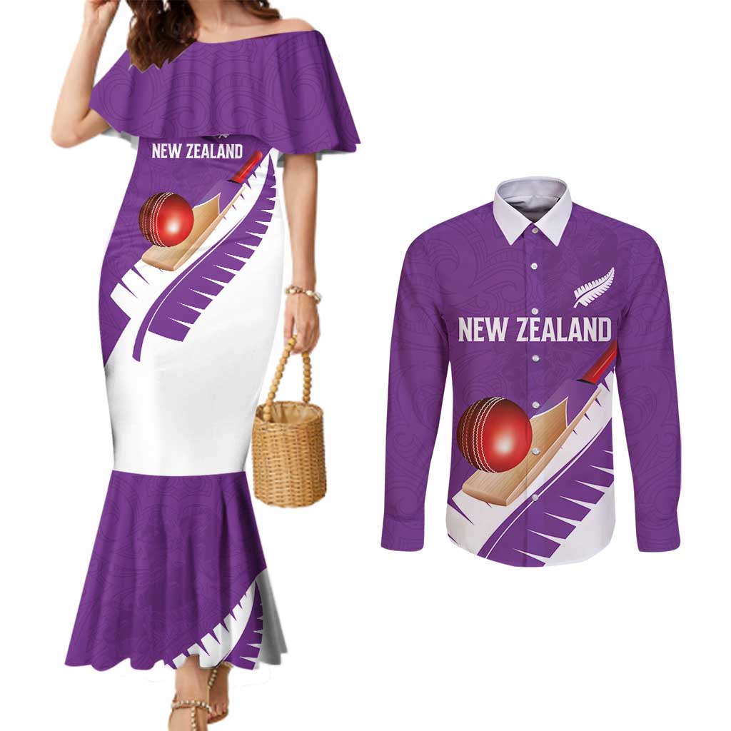 Custom New Zealand Cricket Couples Matching Mermaid Dress and Long Sleeve Button Shirt Kiwi Birds Haka Dance Purple Fern Sporty Style LT03 Purple - Polynesian Pride