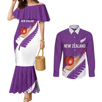 Custom New Zealand Cricket Couples Matching Mermaid Dress and Long Sleeve Button Shirt Kiwi Birds Haka Dance Purple Fern Sporty Style LT03 Purple - Polynesian Pride