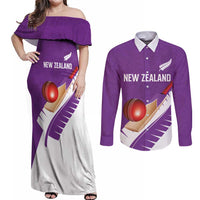 Custom New Zealand Cricket Couples Matching Off Shoulder Maxi Dress and Long Sleeve Button Shirt Kiwi Birds Haka Dance Purple Fern Sporty Style LT03 Purple - Polynesian Pride