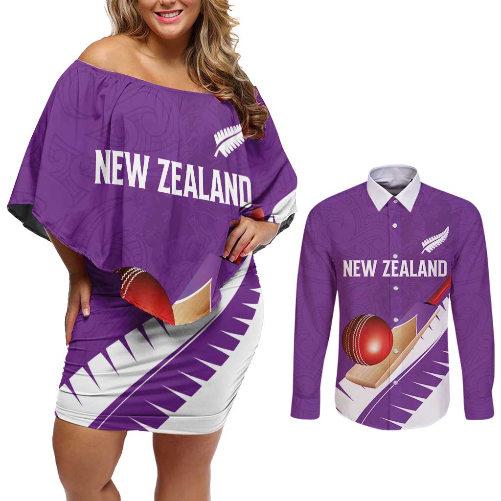 Custom New Zealand Cricket Couples Matching Off Shoulder Short Dress and Long Sleeve Button Shirt Kiwi Birds Haka Dance Purple Fern Sporty Style LT03 Purple - Polynesian Pride