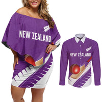 Custom New Zealand Cricket Couples Matching Off Shoulder Short Dress and Long Sleeve Button Shirt Kiwi Birds Haka Dance Purple Fern Sporty Style LT03 Purple - Polynesian Pride