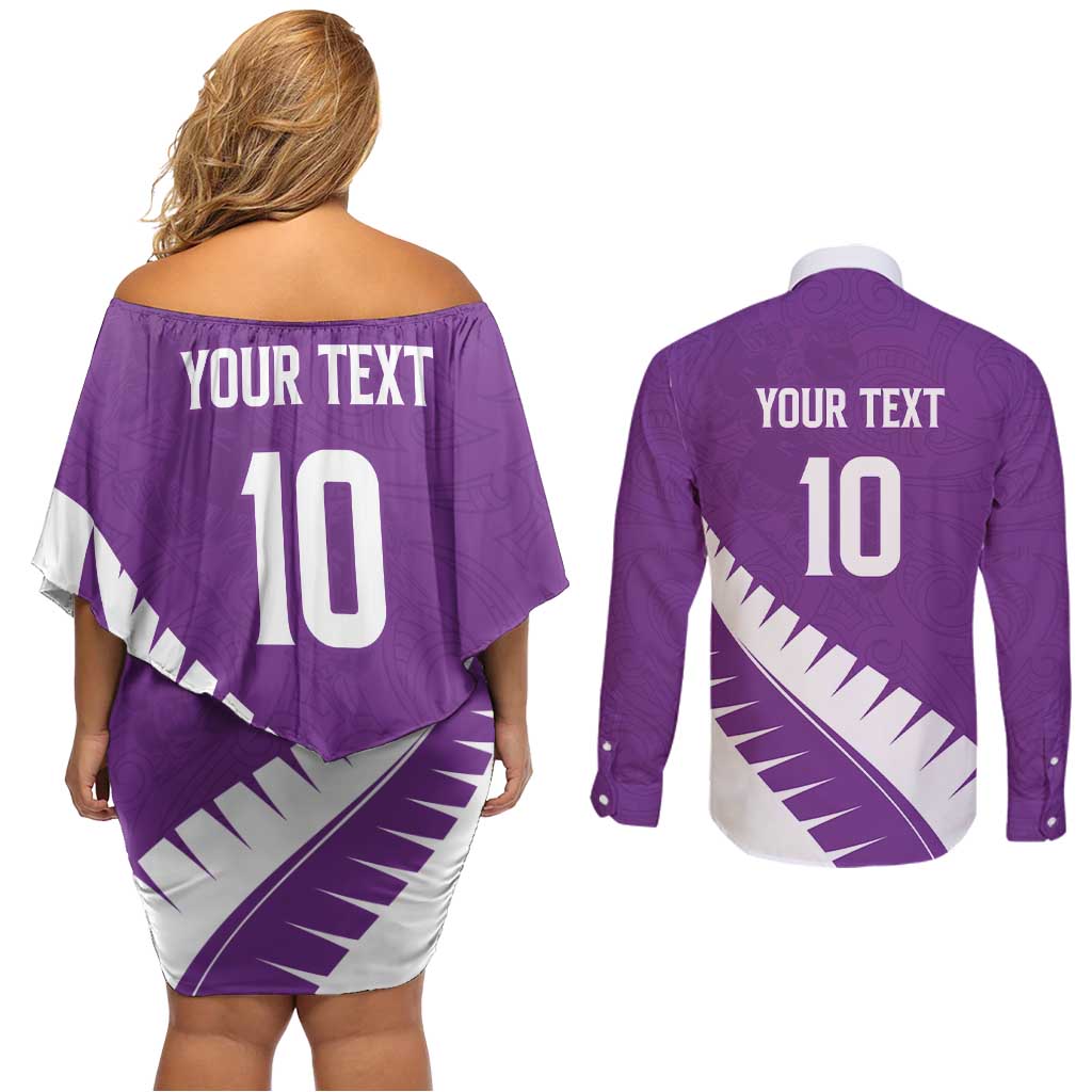 Custom New Zealand Cricket Couples Matching Off Shoulder Short Dress and Long Sleeve Button Shirt Kiwi Birds Haka Dance Purple Fern Sporty Style LT03 - Polynesian Pride