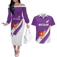 Custom New Zealand Cricket Couples Matching Off The Shoulder Long Sleeve Dress and Hawaiian Shirt Kiwi Birds Haka Dance Purple Fern Sporty Style LT03 Purple - Polynesian Pride