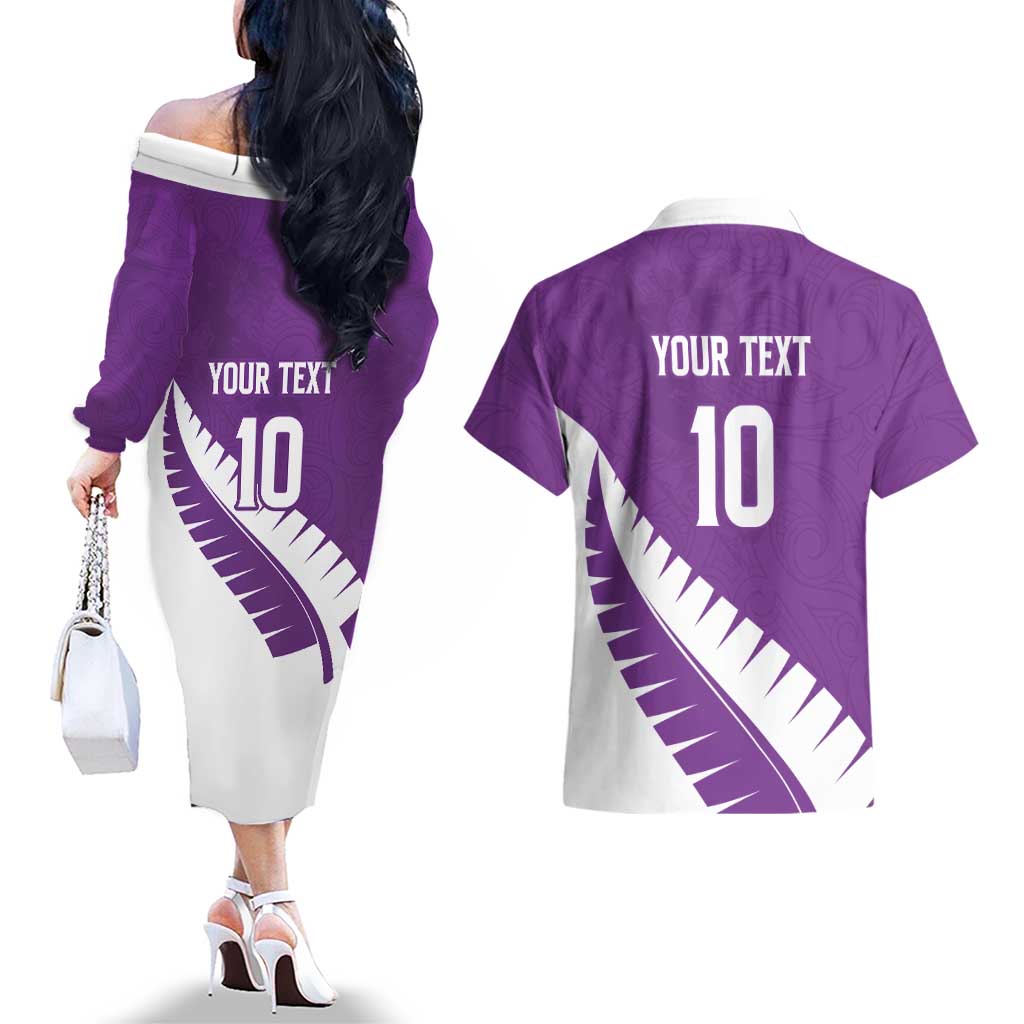 Custom New Zealand Cricket Couples Matching Off The Shoulder Long Sleeve Dress and Hawaiian Shirt Kiwi Birds Haka Dance Purple Fern Sporty Style LT03 - Polynesian Pride
