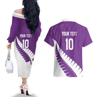 Custom New Zealand Cricket Couples Matching Off The Shoulder Long Sleeve Dress and Hawaiian Shirt Kiwi Birds Haka Dance Purple Fern Sporty Style LT03 - Polynesian Pride