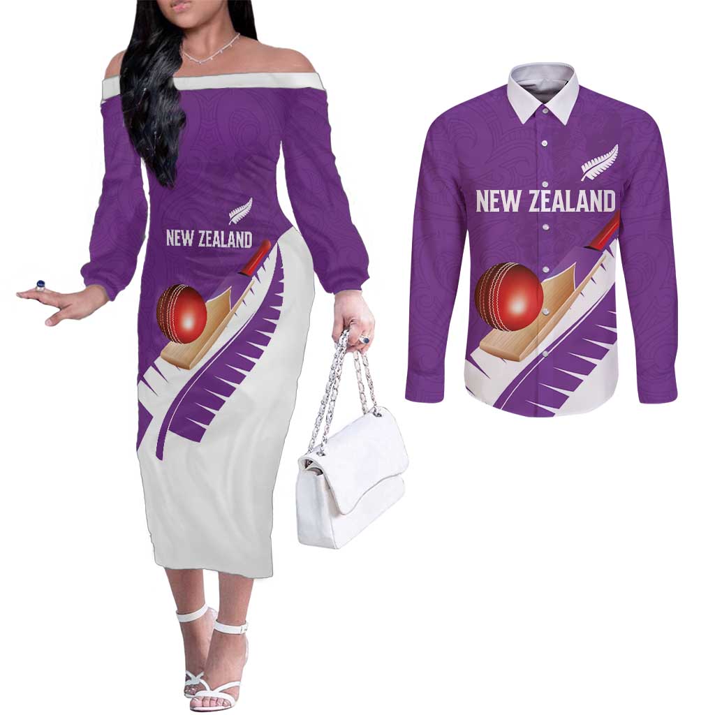Custom New Zealand Cricket Couples Matching Off The Shoulder Long Sleeve Dress and Long Sleeve Button Shirt Kiwi Birds Haka Dance Purple Fern Sporty Style LT03 Purple - Polynesian Pride