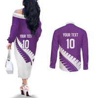 Custom New Zealand Cricket Couples Matching Off The Shoulder Long Sleeve Dress and Long Sleeve Button Shirt Kiwi Birds Haka Dance Purple Fern Sporty Style LT03 - Polynesian Pride