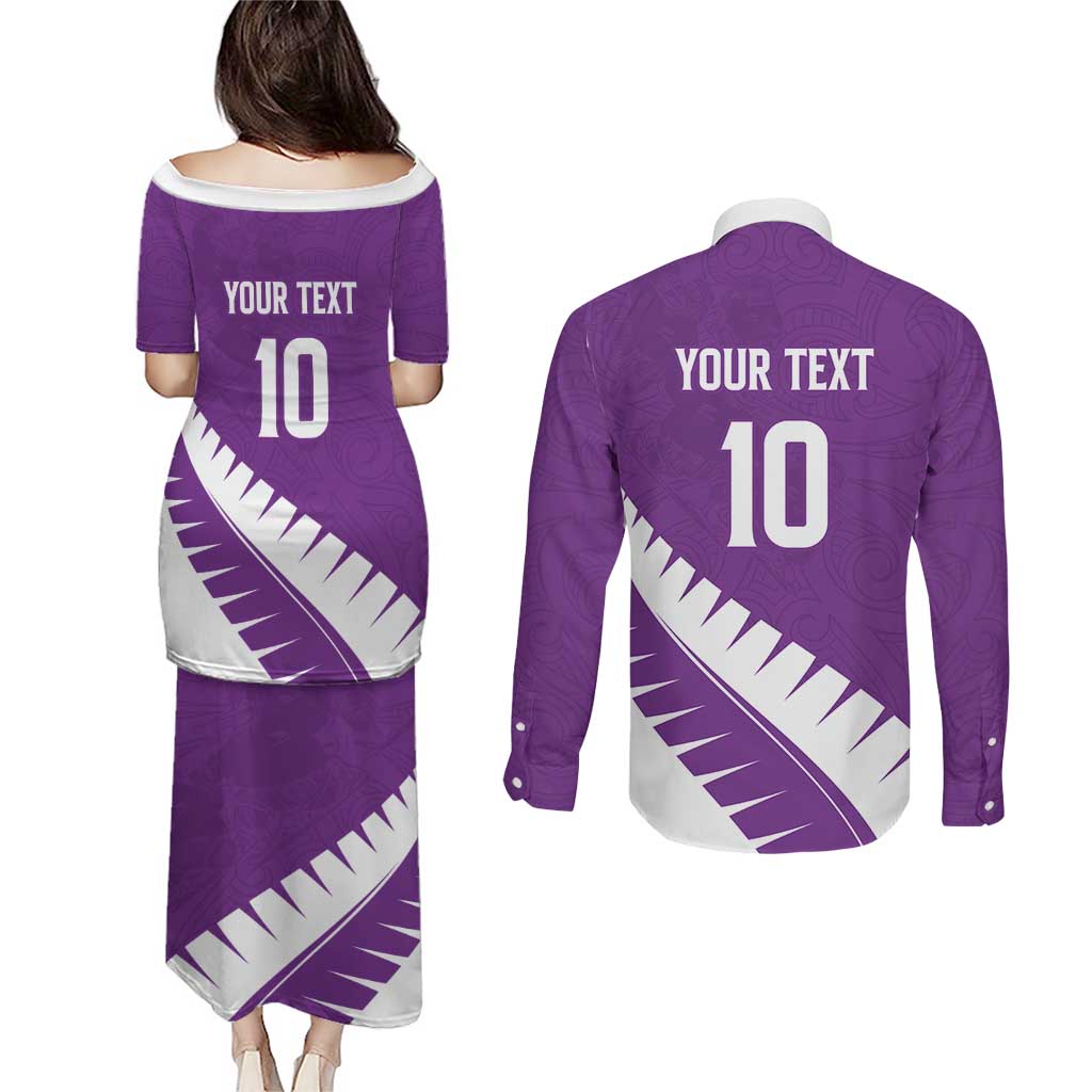 Custom New Zealand Cricket Couples Matching Puletasi and Long Sleeve Button Shirt Kiwi Birds Haka Dance Purple Fern Sporty Style LT03 - Polynesian Pride