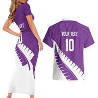 Custom New Zealand Cricket Couples Matching Short Sleeve Bodycon Dress and Hawaiian Shirt Kiwi Birds Haka Dance Purple Fern Sporty Style LT03 - Polynesian Pride