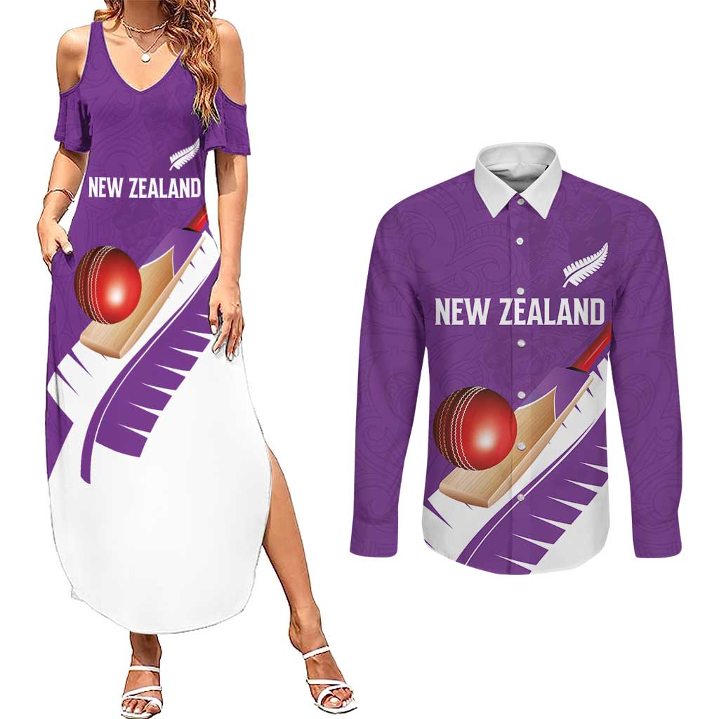 Custom New Zealand Cricket Couples Matching Summer Maxi Dress and Long Sleeve Button Shirt Kiwi Birds Haka Dance Purple Fern Sporty Style LT03 Purple - Polynesian Pride