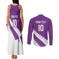 Custom New Zealand Cricket Couples Matching Tank Maxi Dress and Long Sleeve Button Shirt Kiwi Birds Haka Dance Purple Fern Sporty Style LT03 - Polynesian Pride