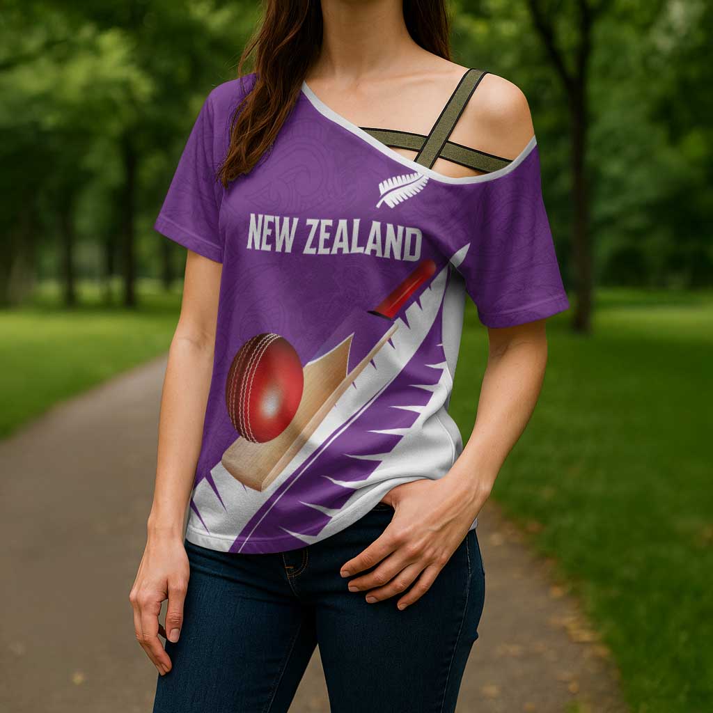 Custom New Zealand Cricket Cross Shoulder Shirt Kiwi Birds Haka Dance Purple Fern Sporty Style LT03 - Polynesian Pride