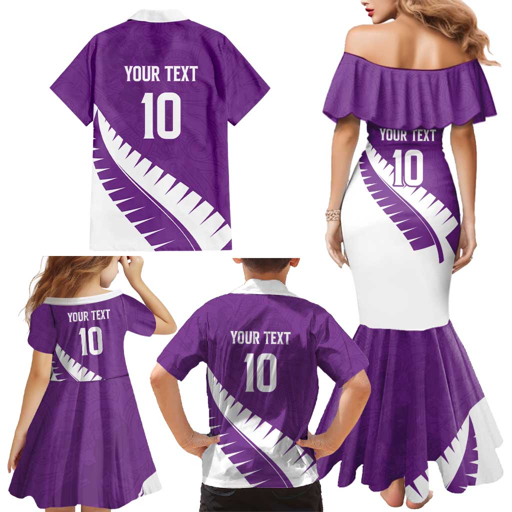 Custom New Zealand Cricket Family Matching Mermaid Dress and Hawaiian Shirt Kiwi Birds Haka Dance Purple Fern Sporty Style LT03 - Polynesian Pride