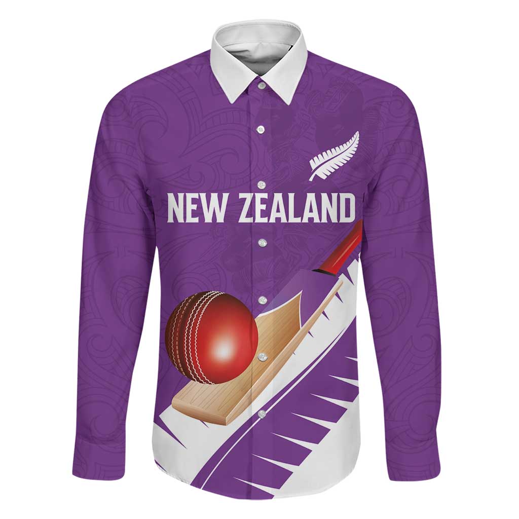 Custom New Zealand Cricket Family Matching Off Shoulder Maxi Dress and Hawaiian Shirt Kiwi Birds Haka Dance Purple Fern Sporty Style LT03 Dad's Shirt - Long Sleeve Purple - Polynesian Pride