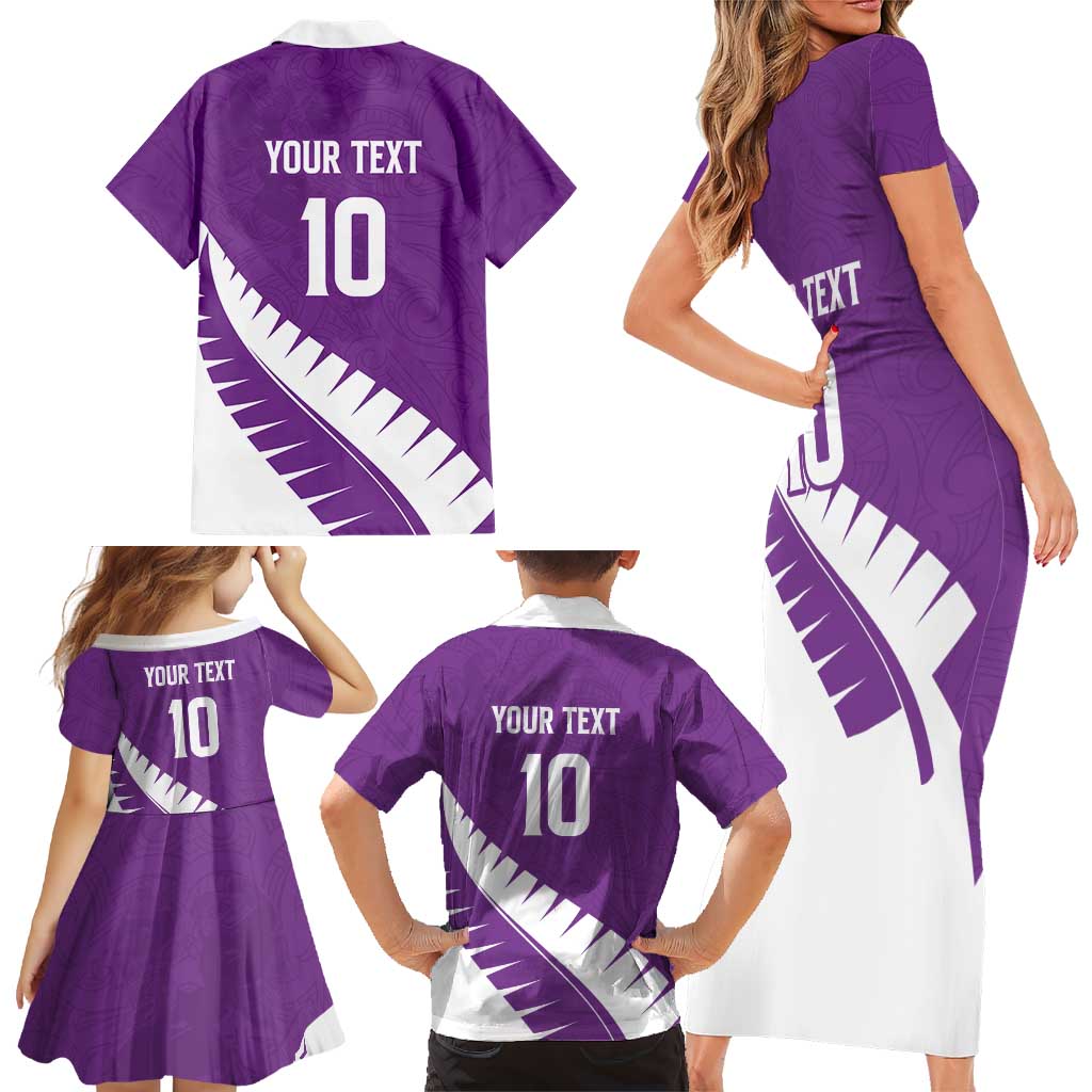 Custom New Zealand Cricket Family Matching Short Sleeve Bodycon Dress and Hawaiian Shirt Kiwi Birds Haka Dance Purple Fern Sporty Style LT03 - Polynesian Pride