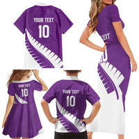 Custom New Zealand Cricket Family Matching Short Sleeve Bodycon Dress and Hawaiian Shirt Kiwi Birds Haka Dance Purple Fern Sporty Style LT03 - Polynesian Pride
