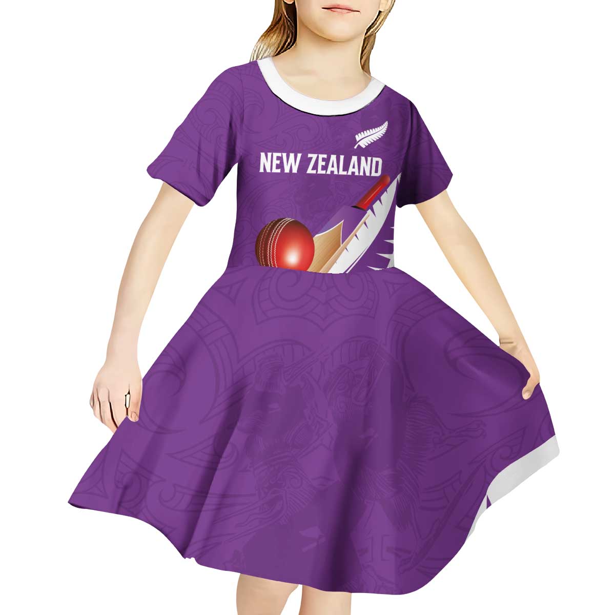 Custom New Zealand Cricket Kid Short Sleeve Dress Kiwi Birds Haka Dance Purple Fern Sporty Style LT03 - Polynesian Pride