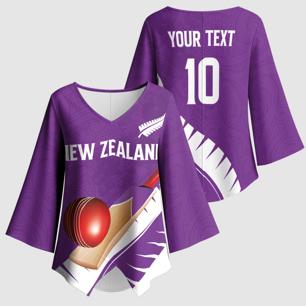 Custom New Zealand Cricket Kimono Sleeve Blouse Kiwi Birds Haka Dance Purple Fern Sporty Style LT03 - Polynesian Pride