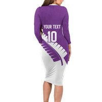 Custom New Zealand Cricket Long Sleeve Bodycon Dress Kiwi Birds Haka Dance Purple Fern Sporty Style LT03 - Polynesian Pride