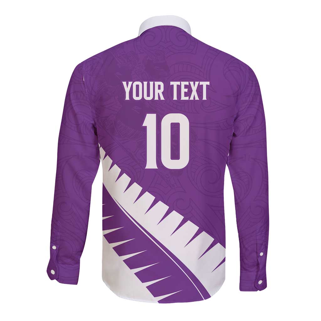 Custom New Zealand Cricket Long Sleeve Button Shirt Kiwi Birds Haka Dance Purple Fern Sporty Style LT03 - Polynesian Pride