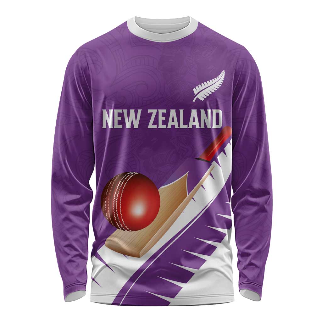 Custom New Zealand Cricket Long Sleeve Shirt Kiwi Birds Haka Dance Purple Fern Sporty Style LT03 Unisex Purple - Polynesian Pride