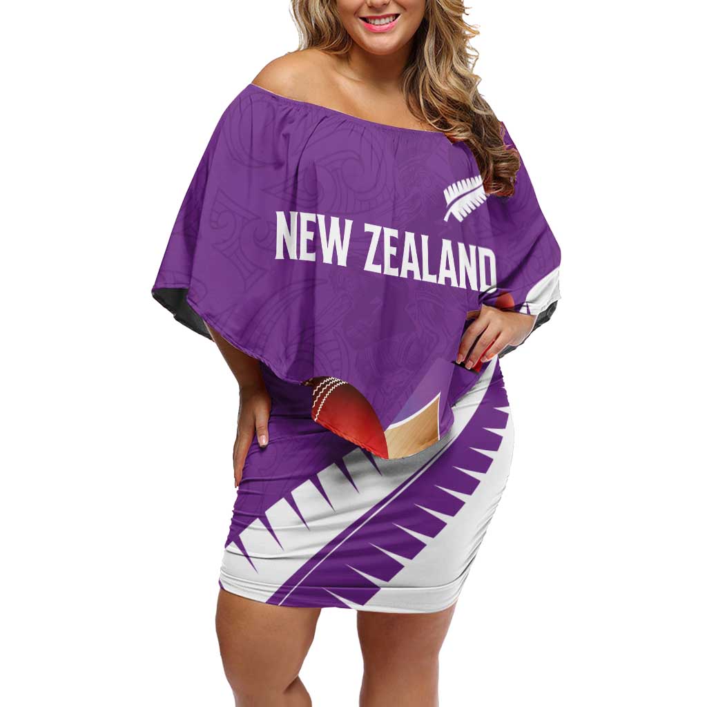Custom New Zealand Cricket Off Shoulder Short Dress Kiwi Birds Haka Dance Purple Fern Sporty Style LT03 Women Purple - Polynesian Pride