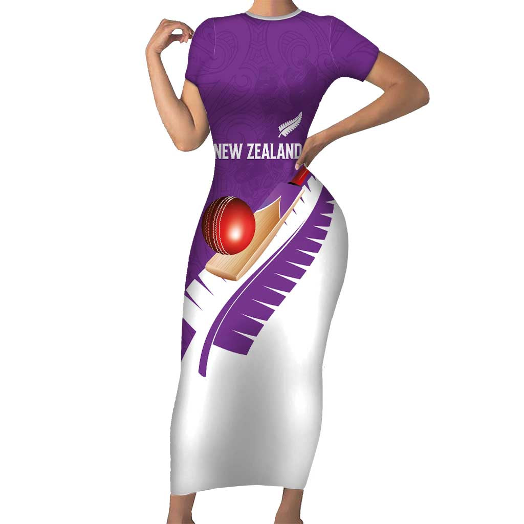 Custom New Zealand Cricket Short Sleeve Bodycon Dress Kiwi Birds Haka Dance Purple Fern Sporty Style LT03 Long Dress Purple - Polynesian Pride