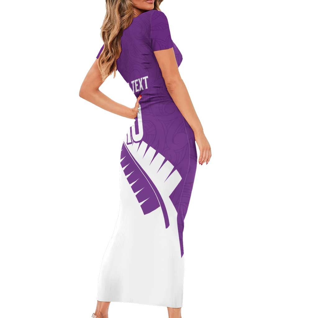 Custom New Zealand Cricket Short Sleeve Bodycon Dress Kiwi Birds Haka Dance Purple Fern Sporty Style LT03 - Polynesian Pride