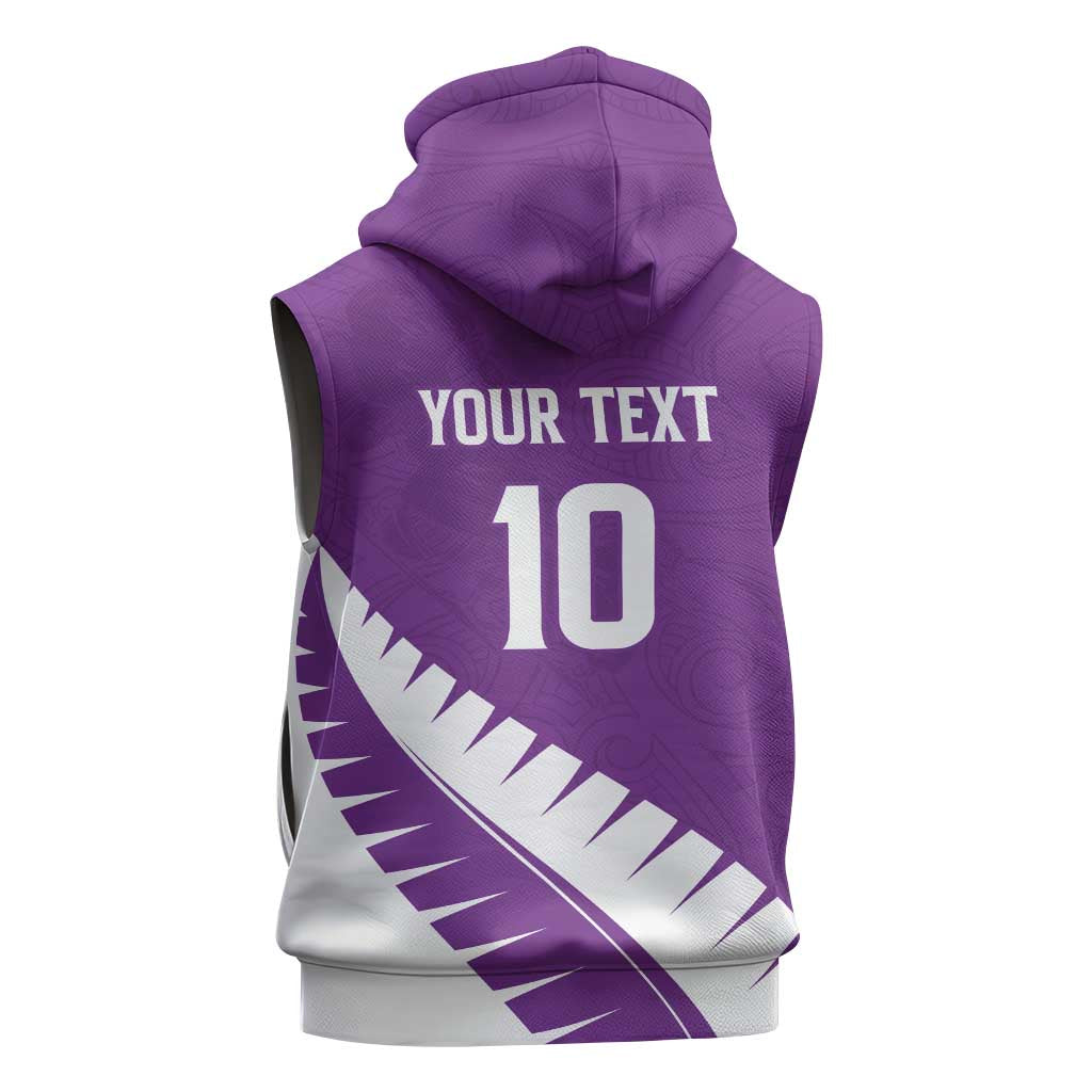 Custom New Zealand Cricket Sleeveless Hoodie Kiwi Birds Haka Dance Purple Fern Sporty Style LT03 - Polynesian Pride