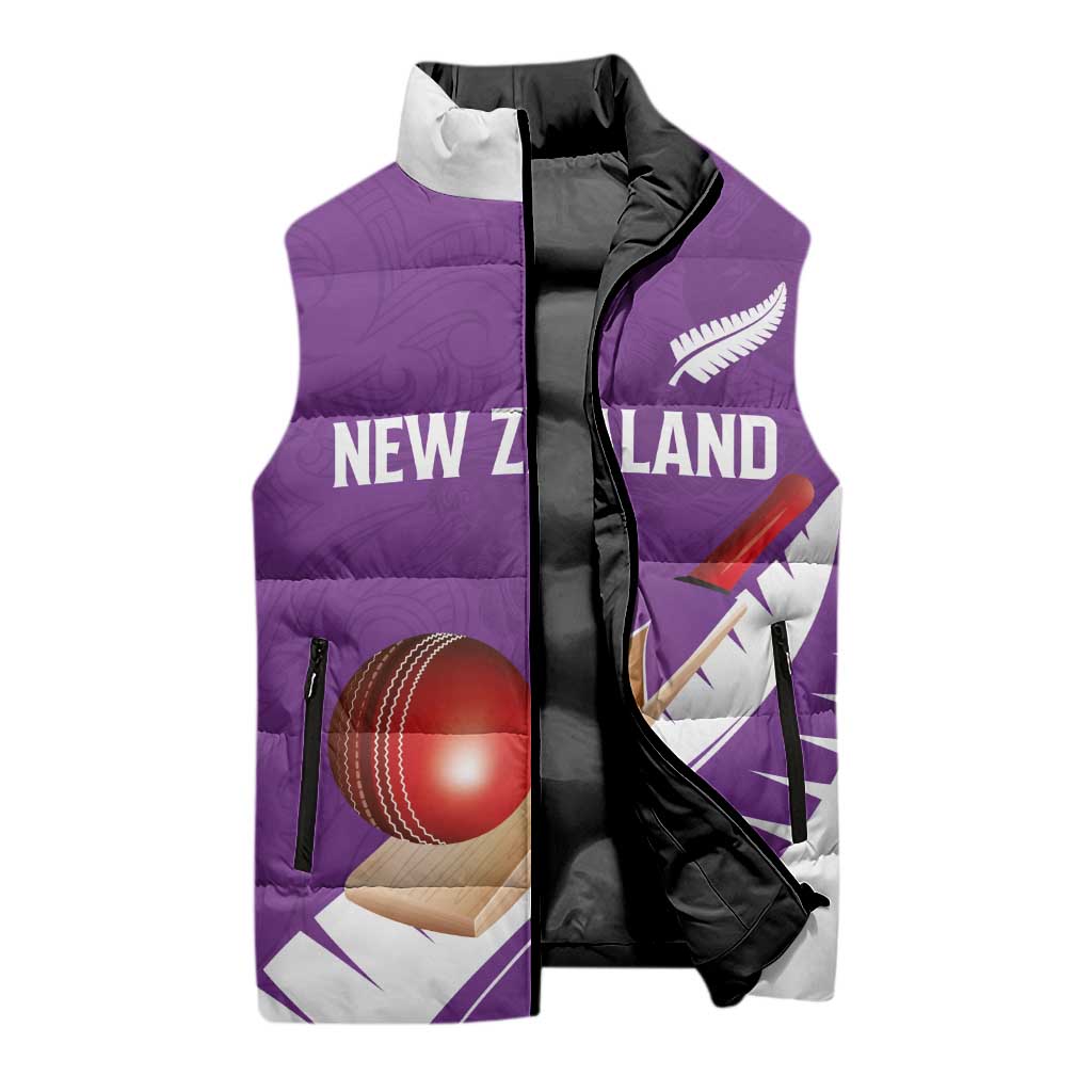 Custom New Zealand Cricket Sleeveless Puffer Jacket Kiwi Birds Haka Dance Purple Fern Sporty Style LT03 - Polynesian Pride