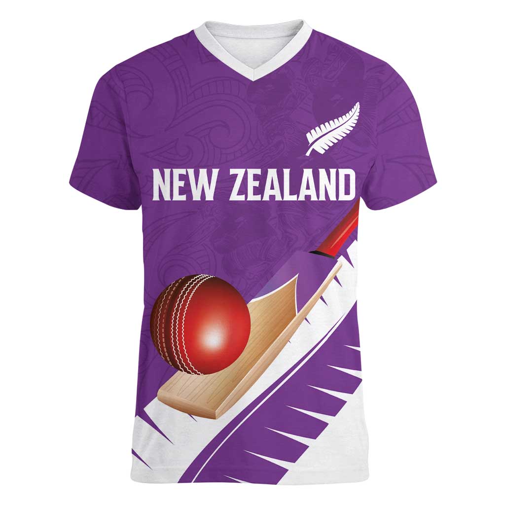 Custom New Zealand Cricket Women V-Neck T-Shirt Kiwi Birds Haka Dance Purple Fern Sporty Style